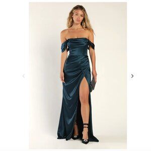 Lulu's Stunning Arrival Dark Teal Satin Off-The-Shoulder Maxi Dress Size L